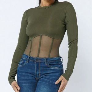 Women's Fashion Sexy Long Sleeve ribbed bodysuit mesh top S M L XL Olive